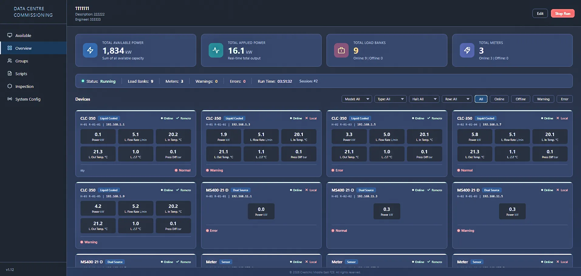 Intelligent control software dashboard for liquid cooled load bank