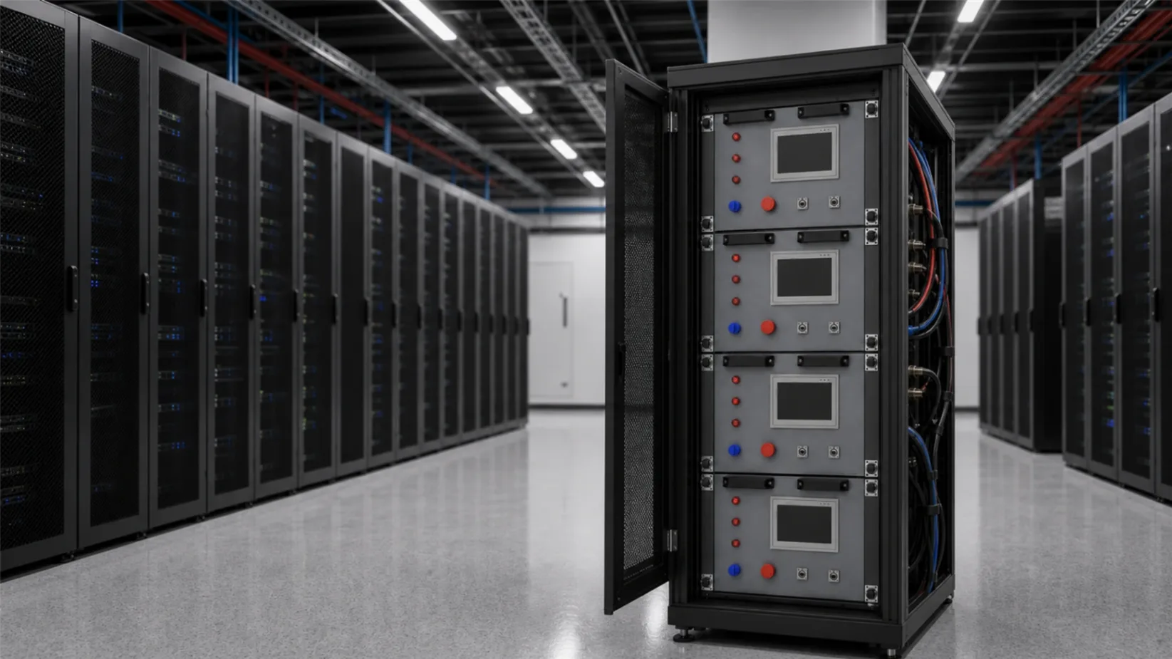 Rack-mounted liquid-cooled load bank installed in an IT rack with folded open front access