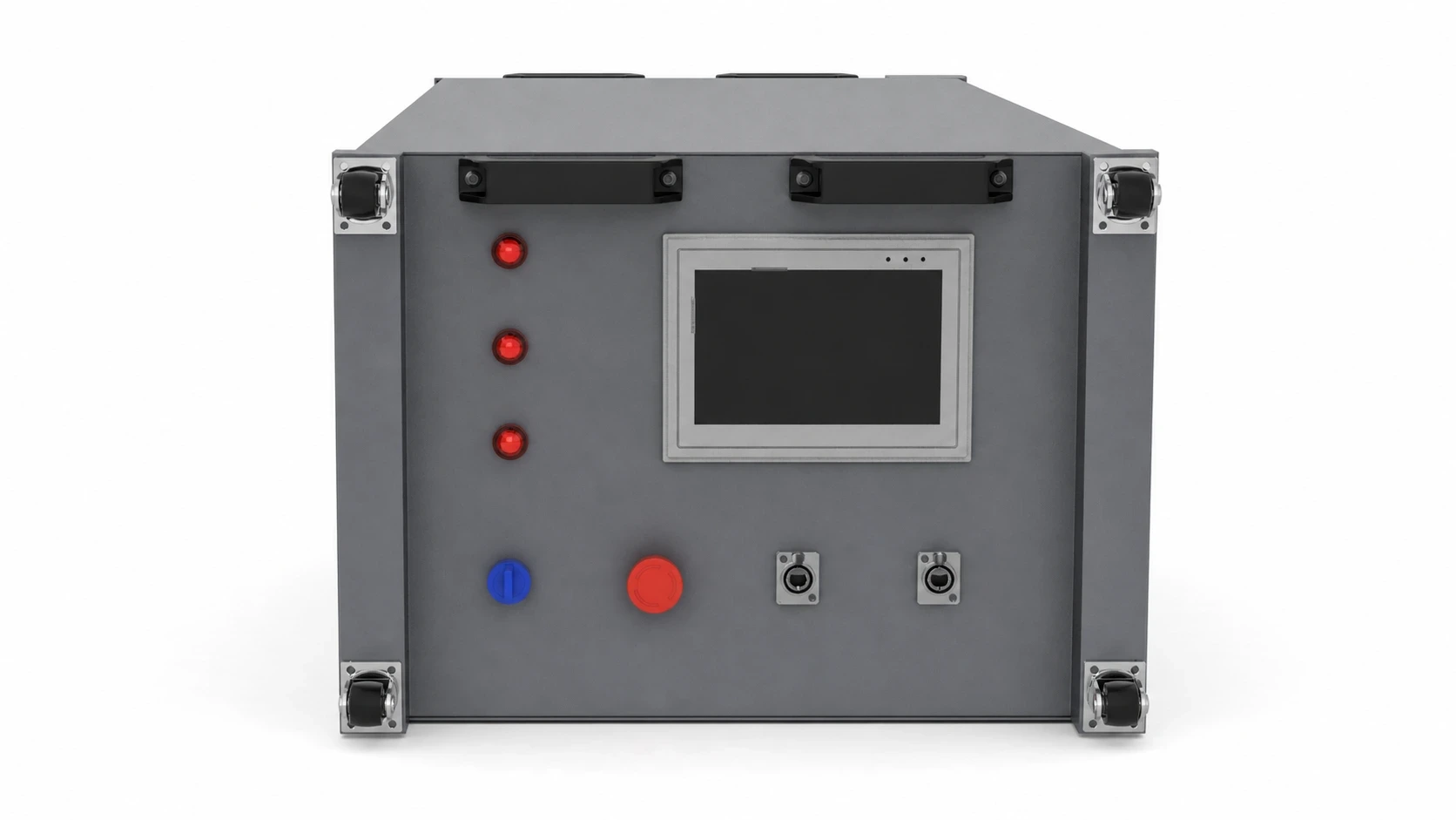 Front view of a rack-mounted liquid-cooled load bank with control panel and indicators