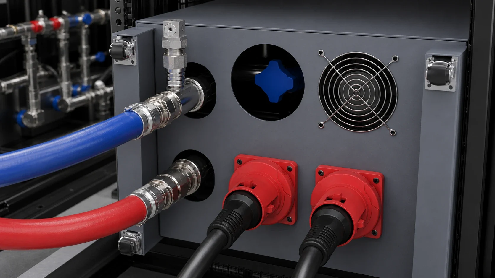 Rear panel coolant and power connection closeup for rack-mounted liquid-cooled load bank