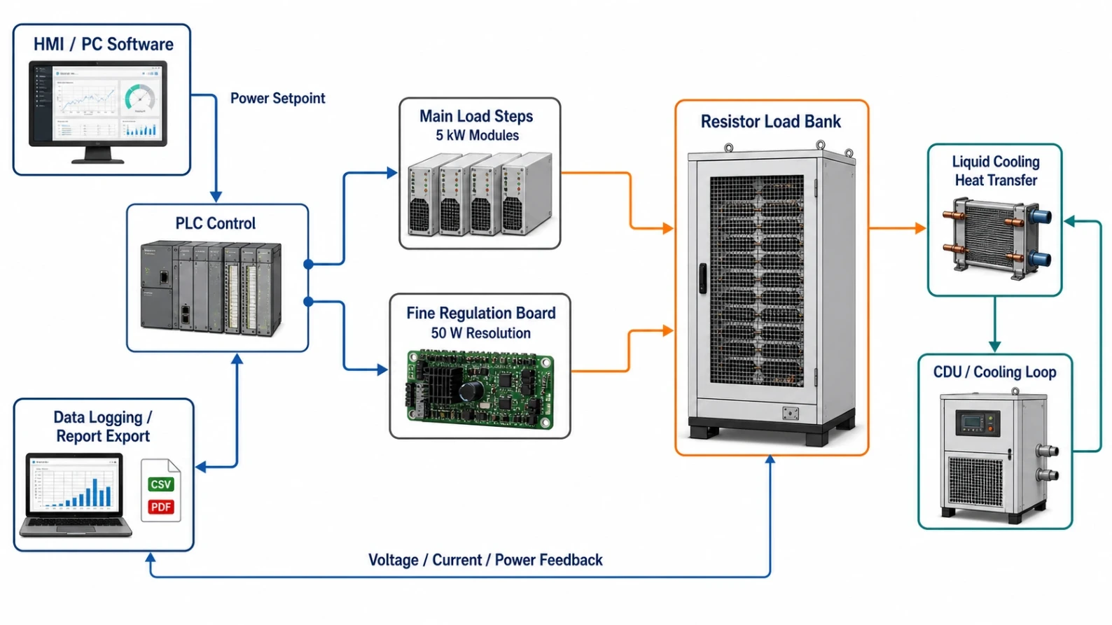 Adjustable power load bank topology with 5kW load steps and 50W fine regulation board